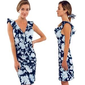 Gretchen Scott Fling Fantasy Mini Dress Floral Print Ruffled Neck Blue Small